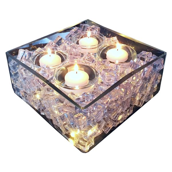 Glascube mit Kunsteis und Schwimmkerzen B25 cm